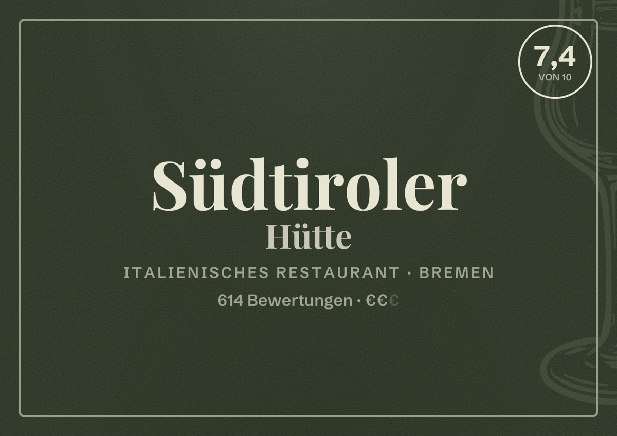 Illustriertes Poster von Südtiroler Hütte, Italienisches Restaurant in Bremen: Bewertung 7,4 von 10 aus 614 Bewertungen, Preisniveau €€