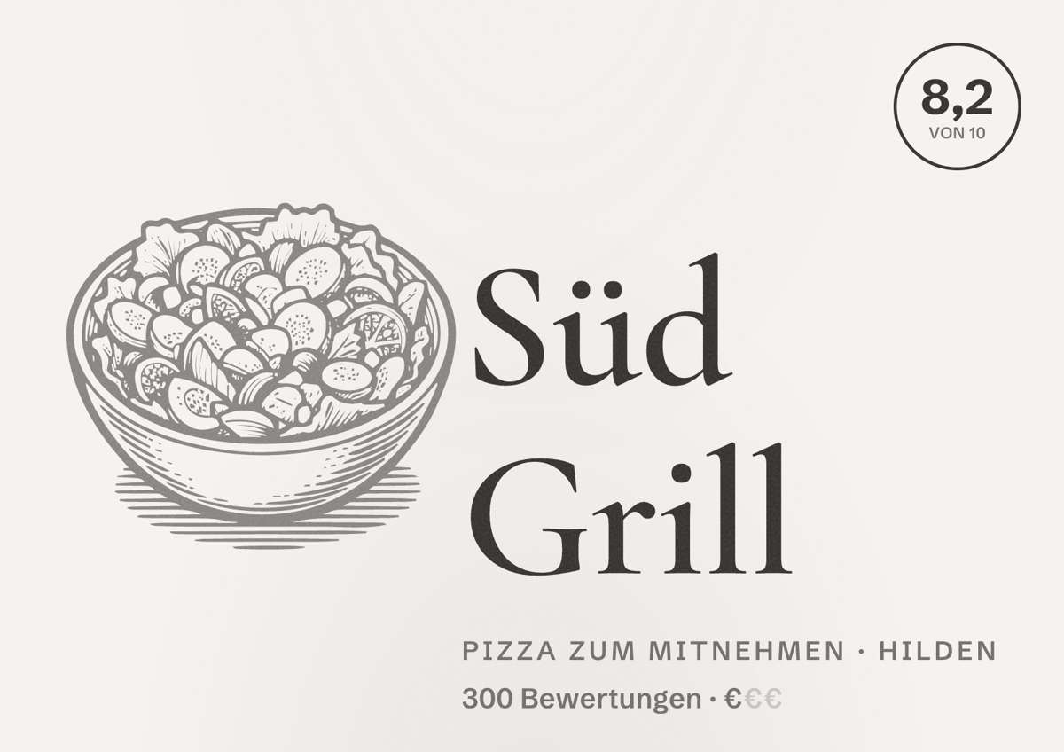 Illustriertes Poster von Süd Grill, Pizza zum Mitnehmen in Hilden: Bewertung 8,2 von 10 aus 300 Bewertungen, Preisniveau €
