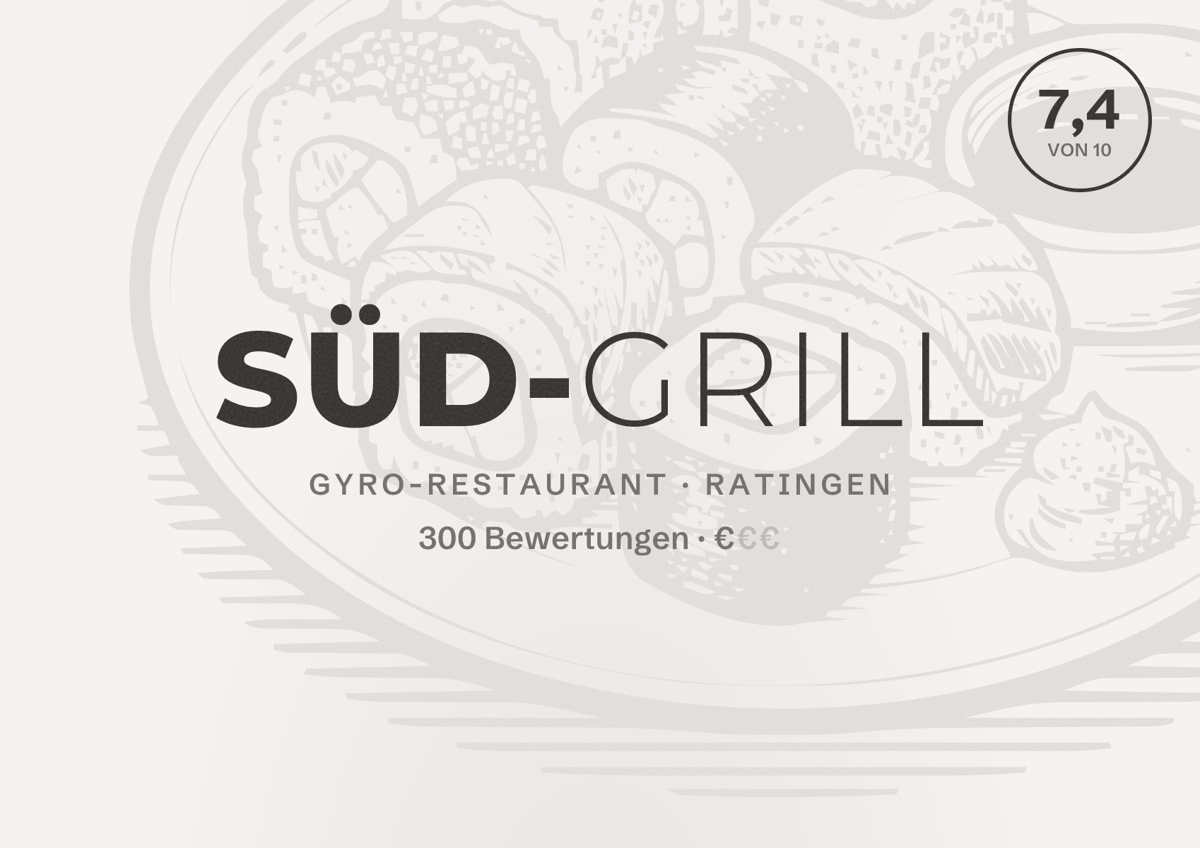 Illustriertes Poster von Süd-Grill, Gyro-Restaurant in Ratingen: Bewertung 7,4 von 10 aus 300 Bewertungen, Preisniveau €