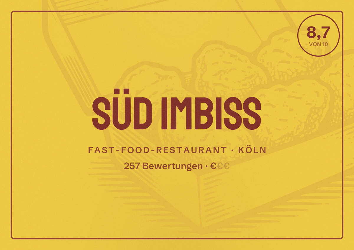 Illustriertes Poster von Süd Imbiss, Fast-Food-Restaurant in Köln: Bewertung 8,7 von 10 aus 257 Bewertungen, Preisniveau €