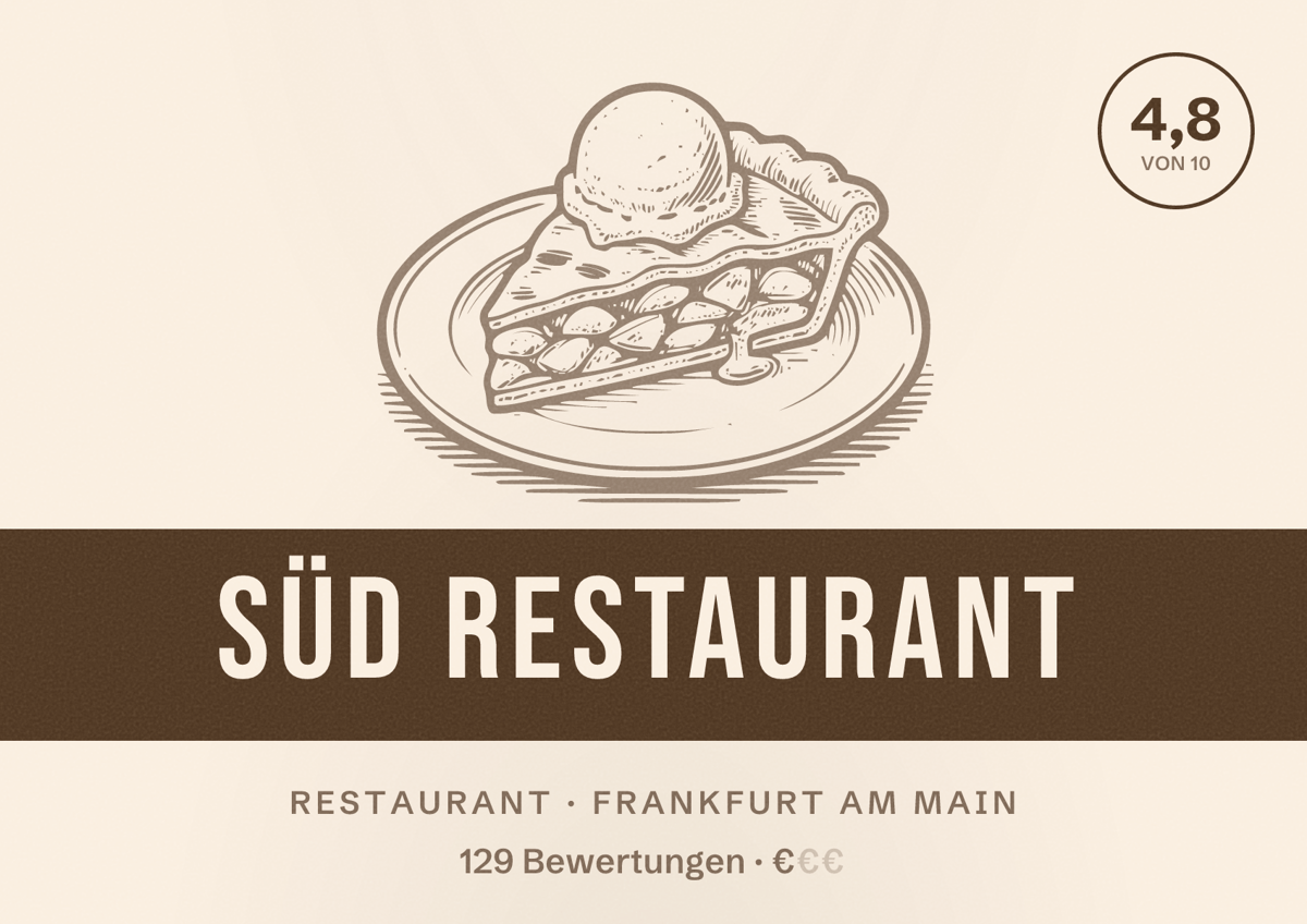 Illustriertes Poster von Süd Restaurant, Restaurant in Frankfurt am Main: Bewertung 4,8 von 10 aus 129 Bewertungen, Preisniveau €