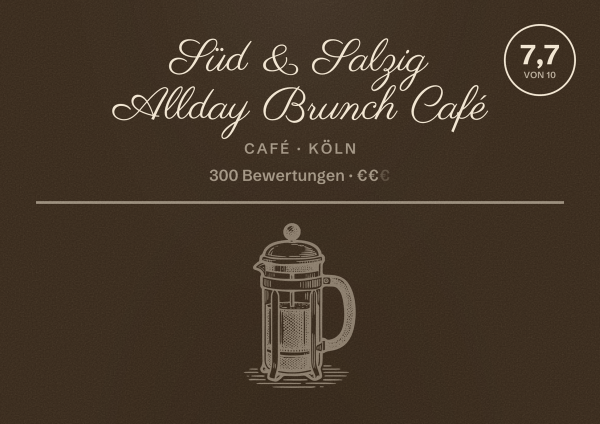 Illustriertes Poster von Süd & Salzig Allday Brunch Café, Café in Köln: Bewertung 7,7 von 10 aus 300 Bewertungen, Preisniveau €€