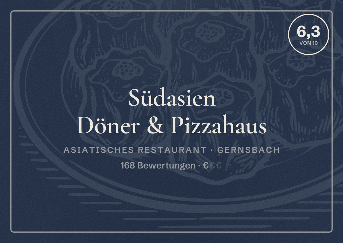 Illustriertes Poster von Südasien Döner & Pizzahaus, Asiatisches Restaurant in Gernsbach: Bewertung 6,3 von 10 aus 168 Bewertungen, Preisniveau €