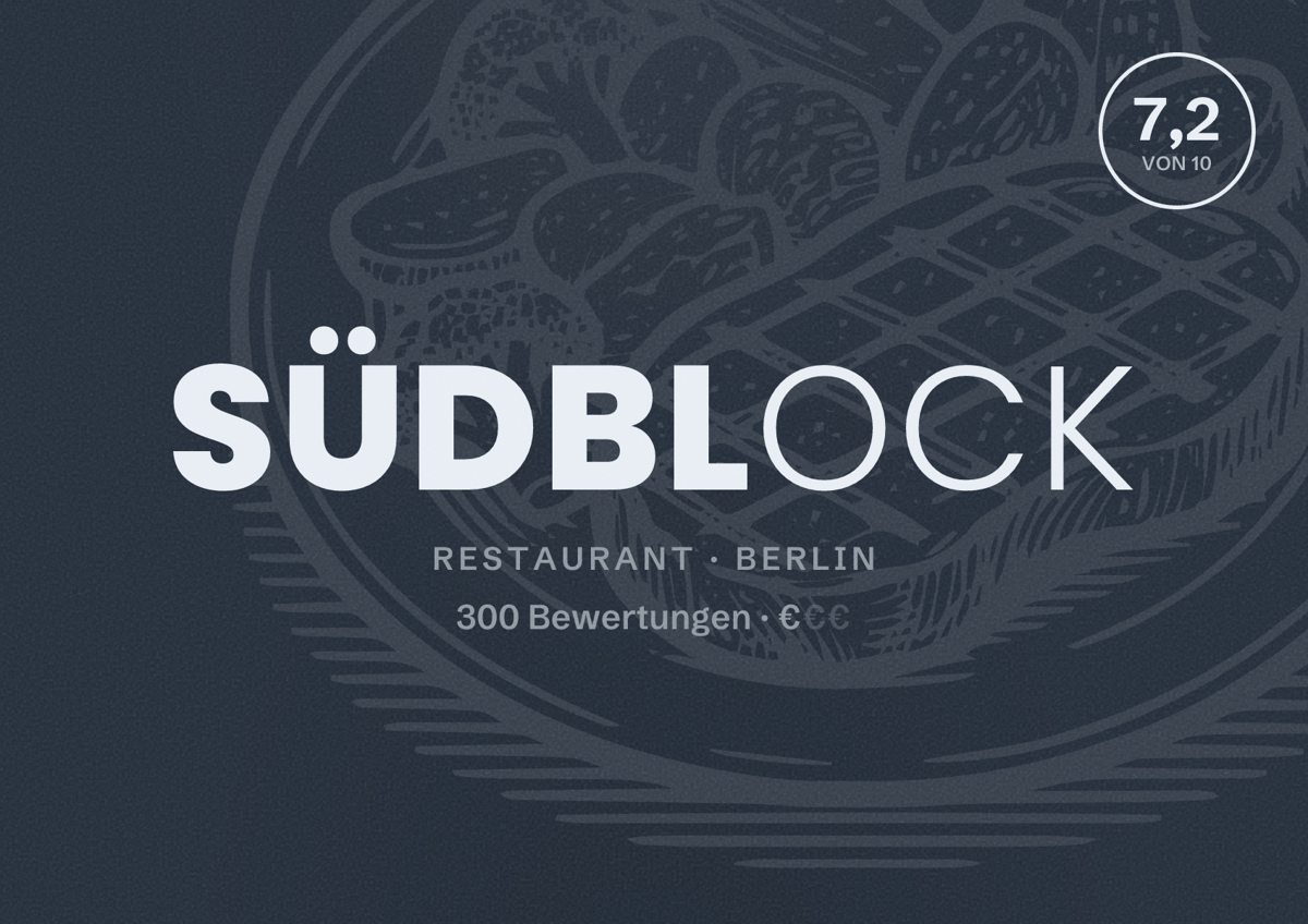 Illustriertes Poster von Südblock, Restaurant in Berlin: Bewertung 7,2 von 10 aus 300 Bewertungen, Preisniveau €