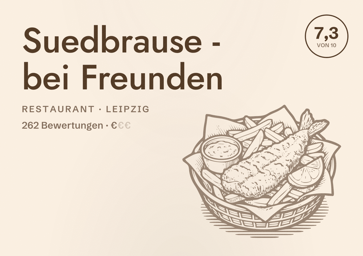 Illustriertes Poster von Suedbrause - bei Freunden, Restaurant in Leipzig: Bewertung 7,3 von 10 aus 262 Bewertungen, Preisniveau €