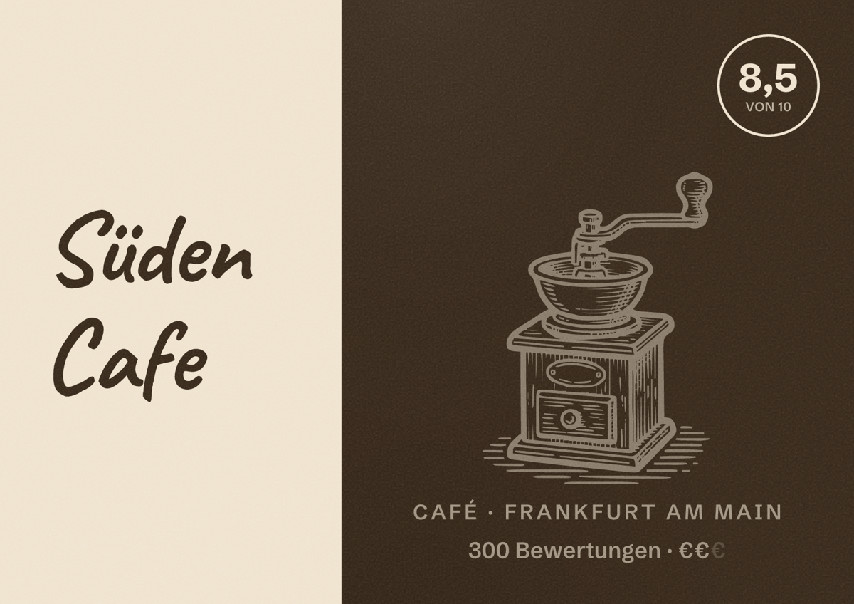 Illustriertes Poster von Süden Cafe, Café in Frankfurt am Main: Bewertung 8,5 von 10 aus 300 Bewertungen, Preisniveau €€