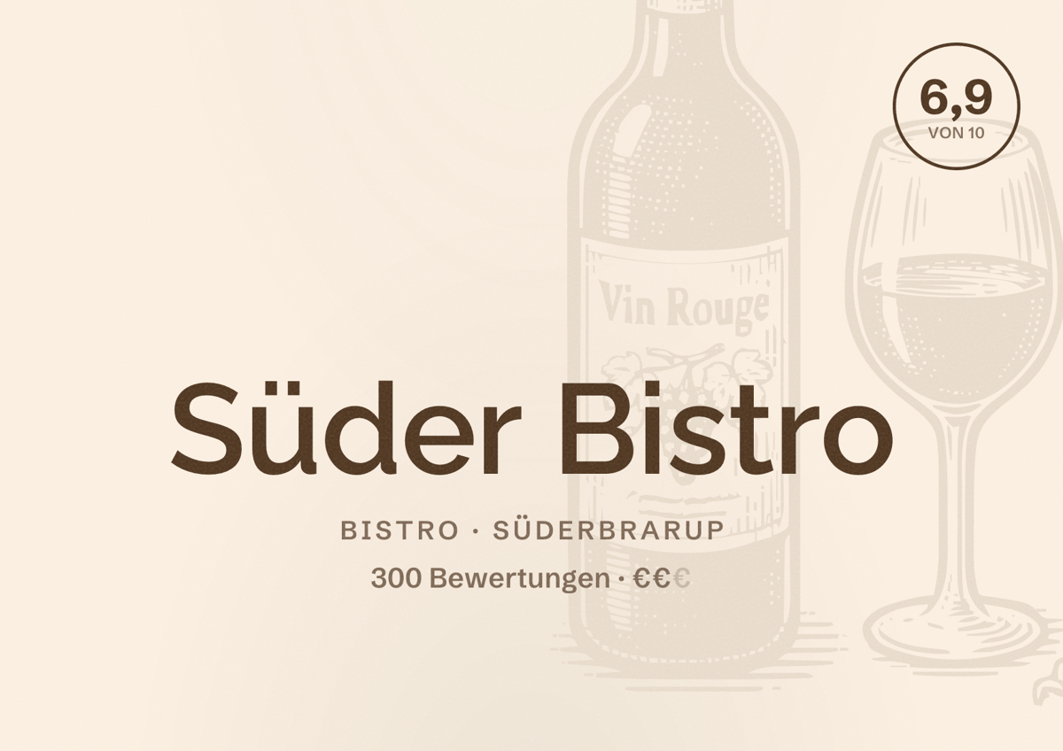 Illustriertes Poster von Süder Bistro, Bistro in Süderbrarup: Bewertung 6,9 von 10 aus 300 Bewertungen, Preisniveau €€