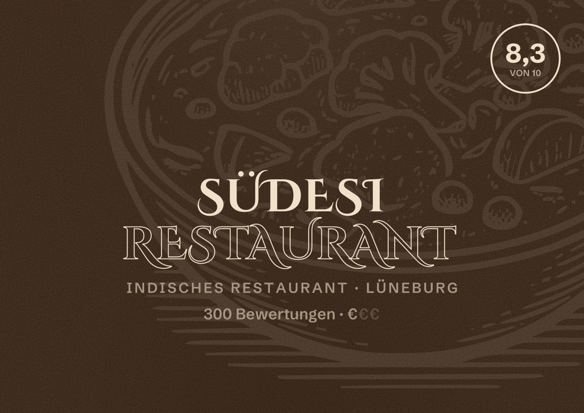 Illustriertes Poster von SüDesi Restaurant, Indisches Restaurant in Lüneburg: Bewertung 8,3 von 10 aus 300 Bewertungen, Preisniveau €