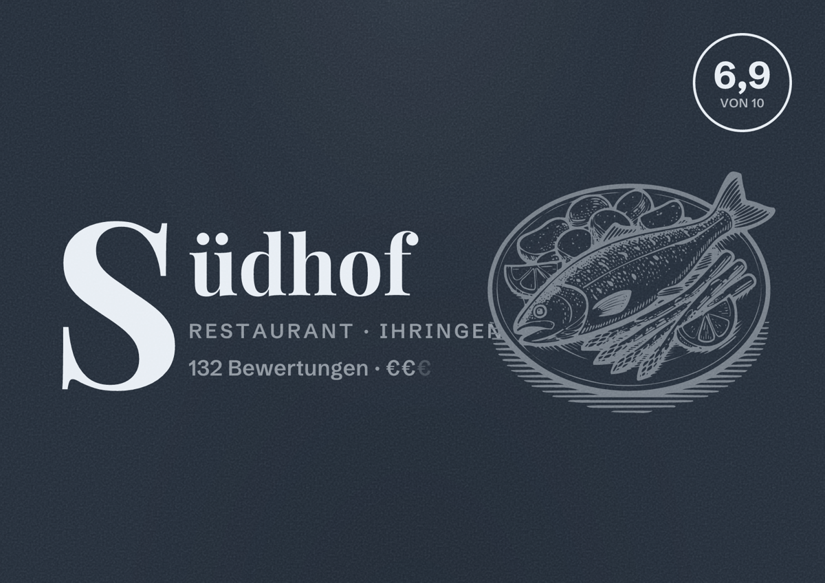 Illustriertes Poster von Südhof, Restaurant in Ihringen: Bewertung 6,9 von 10 aus 132 Bewertungen, Preisniveau €€