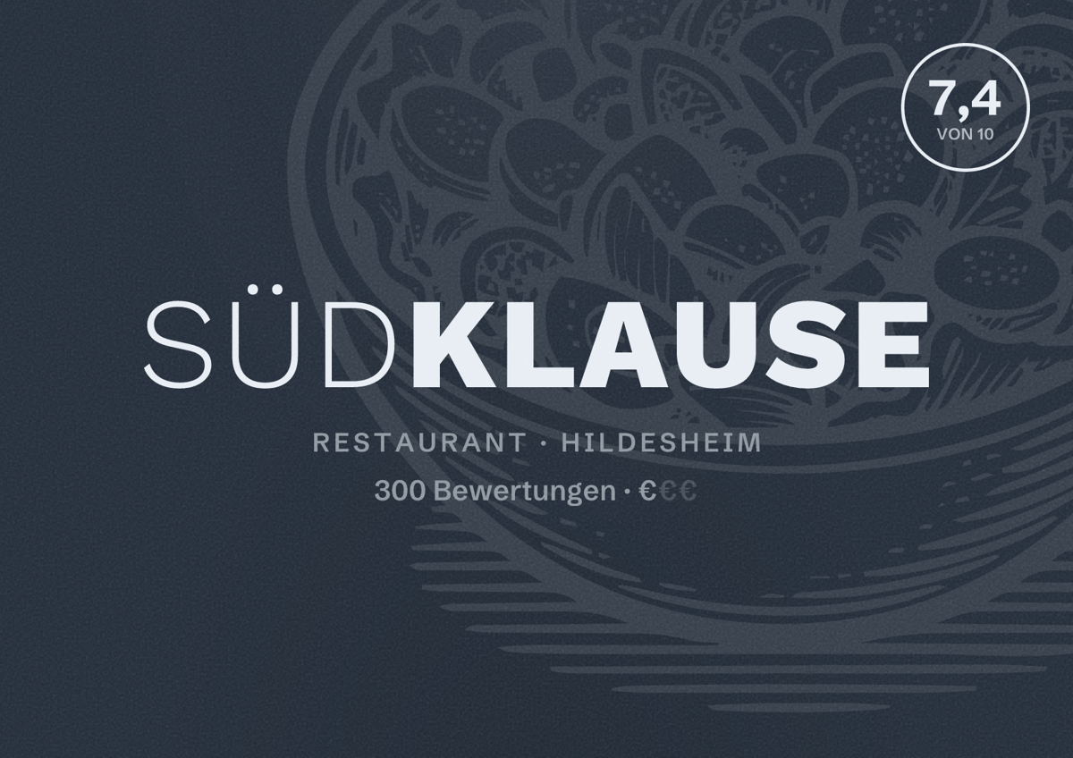 Illustriertes Poster von Südklause, Restaurant in Hildesheim: Bewertung 7,4 von 10 aus 300 Bewertungen, Preisniveau €