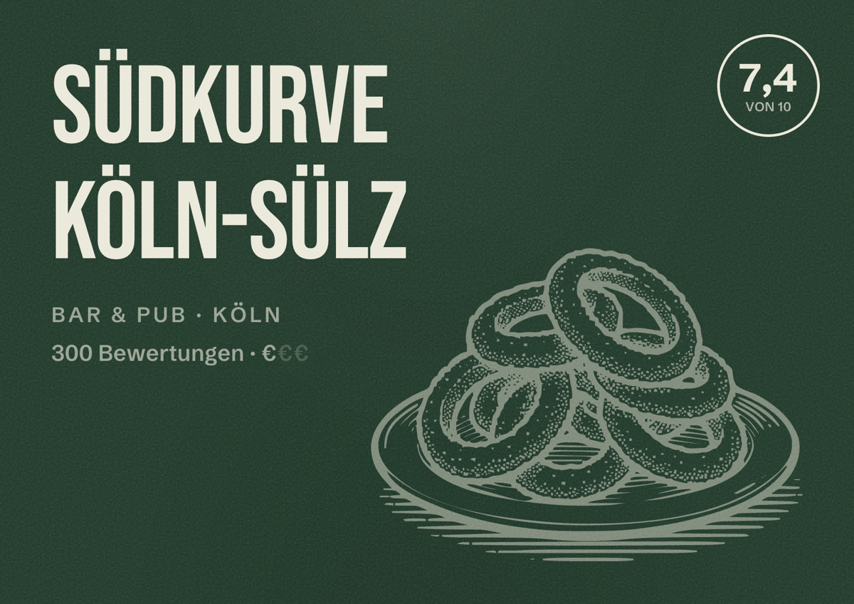 Illustriertes Poster von Südkurve Köln-Sülz, Bar & Pub in Köln: Bewertung 7,4 von 10 aus 300 Bewertungen, Preisniveau €