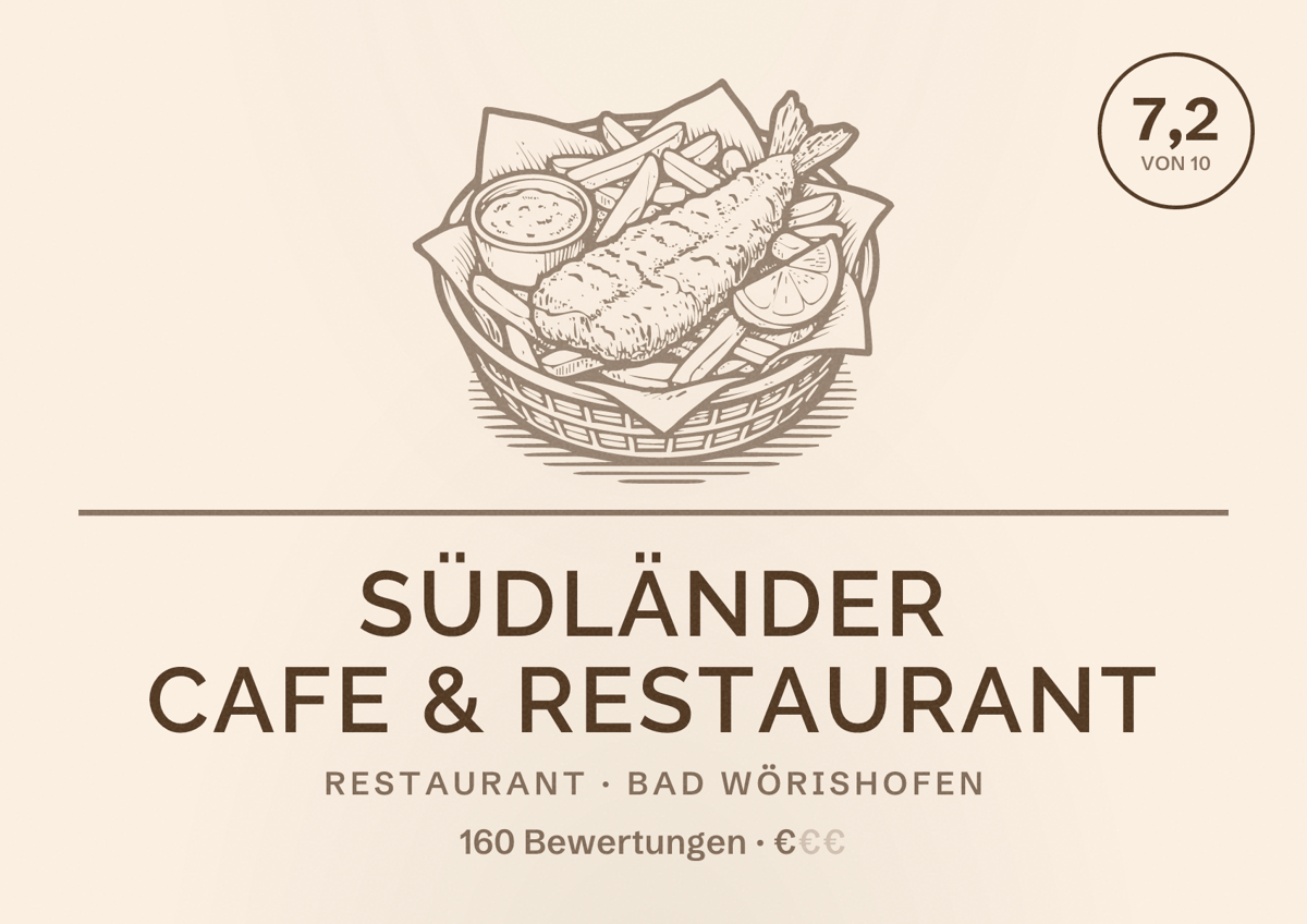 Illustriertes Poster von Südländer Cafe & Restaurant, Restaurant in Bad Wörishofen: Bewertung 7,2 von 10 aus 160 Bewertungen, Preisniveau €