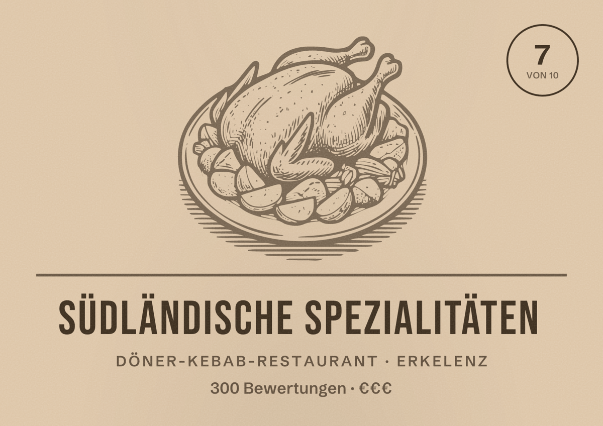 Illustriertes Poster von Südländische Spezialitäten, Döner-Kebab-Restaurant in Erkelenz: Bewertung 7 von 10 aus 300 Bewertungen, Preisniveau €€€