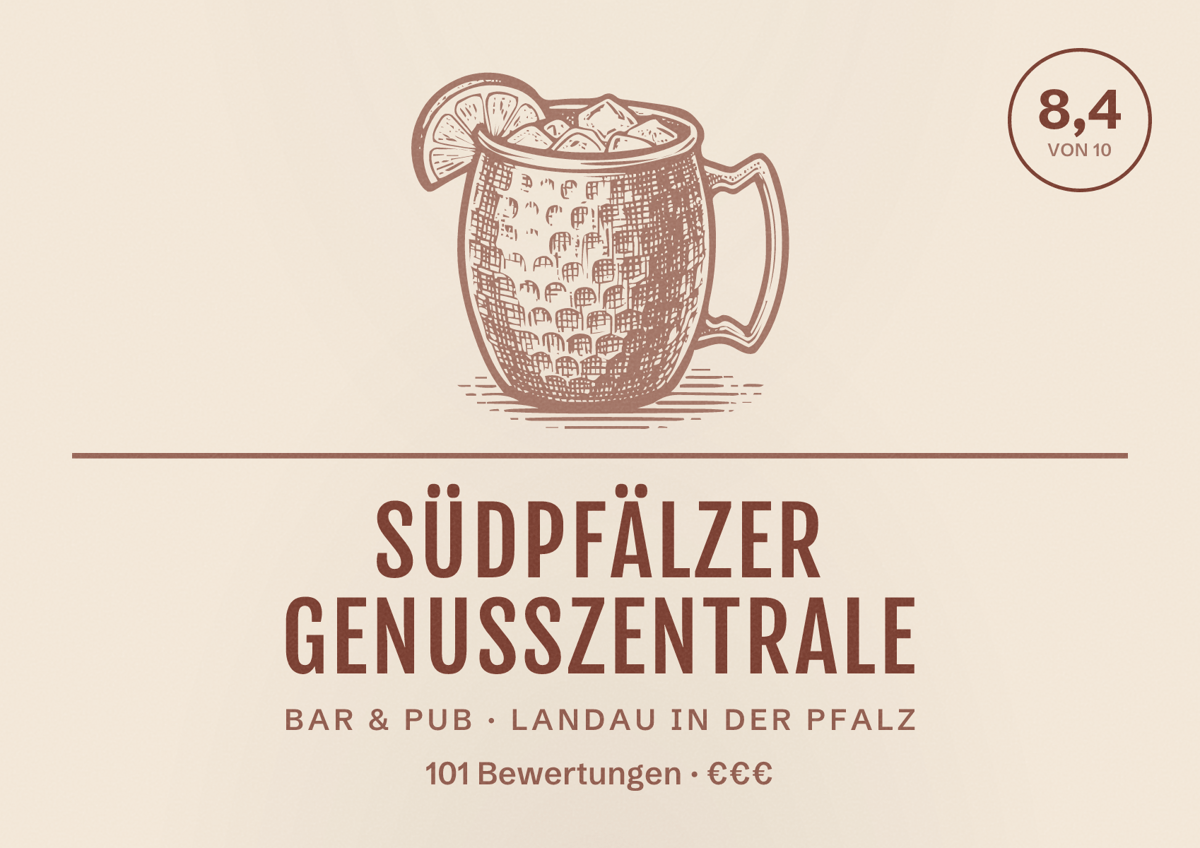 Illustriertes Poster von Südpfälzer Genusszentrale, Bar & Pub in Landau in der Pfalz: Bewertung 8,4 von 10 aus 101 Bewertungen, Preisniveau €€€