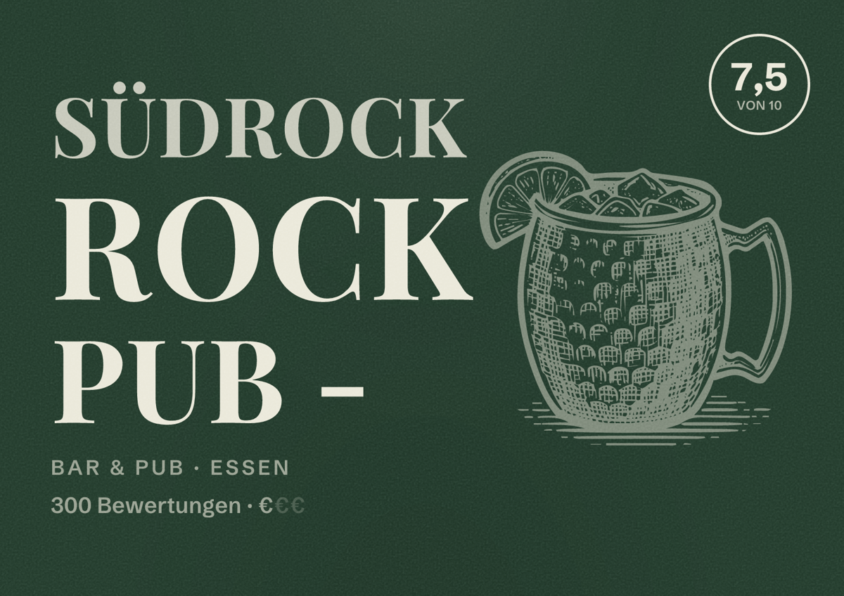 Illustriertes Poster von Südrock rock pub -, Bar & Pub in Essen: Bewertung 7,5 von 10 aus 300 Bewertungen, Preisniveau €