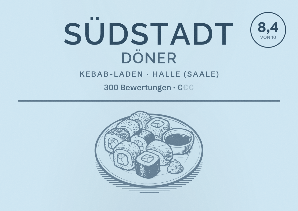 Illustriertes Poster von Südstadt Döner, Kebab-Laden in Halle (Saale): Bewertung 8,4 von 10 aus 300 Bewertungen, Preisniveau €