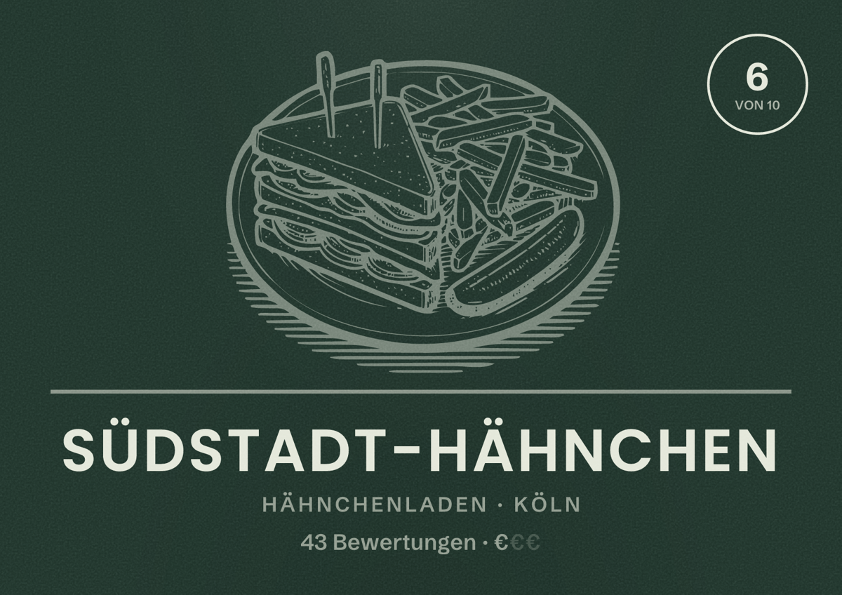 Illustriertes Poster von Südstadt-Hähnchen, Hähnchenladen in Köln: Bewertung 6,0 von 10 aus 43 Bewertungen, Preisniveau €