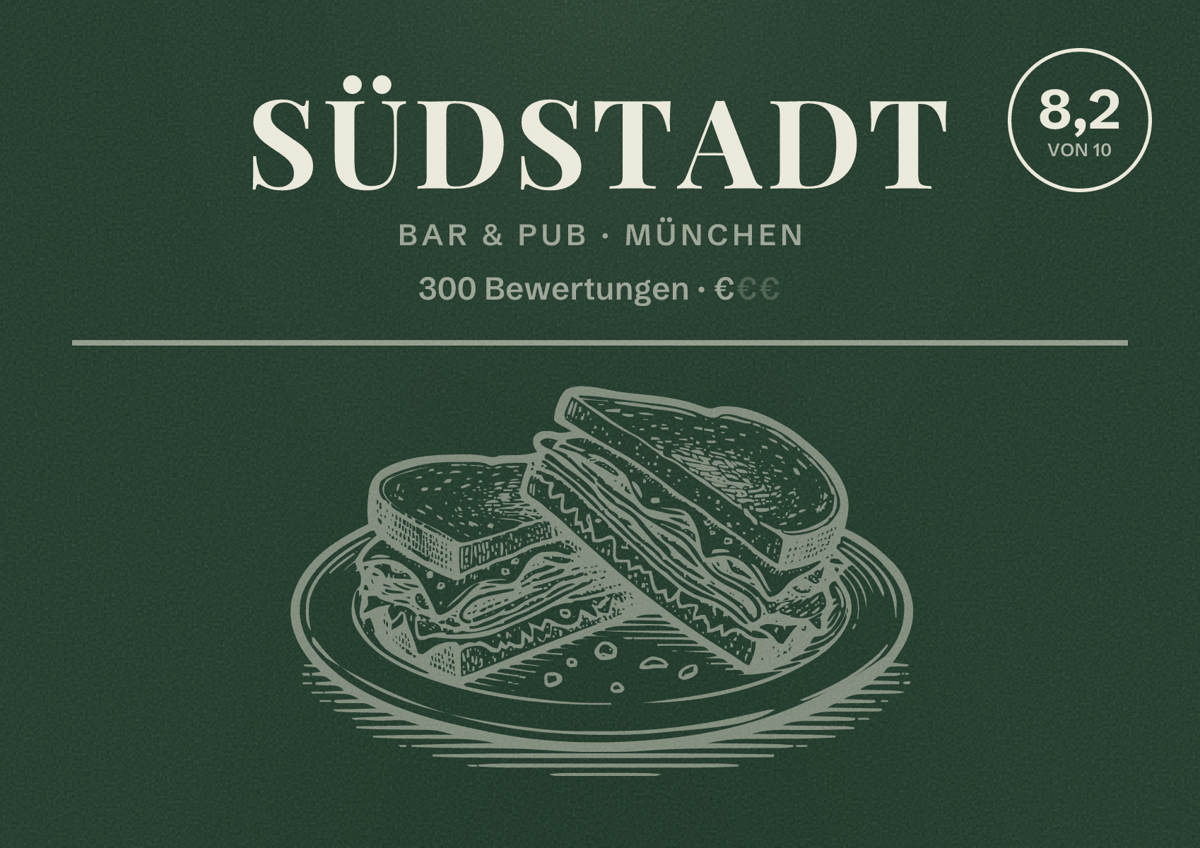 Illustriertes Poster von Südstadt, Bar & Pub in München: Bewertung 8,2 von 10 aus 300 Bewertungen, Preisniveau €