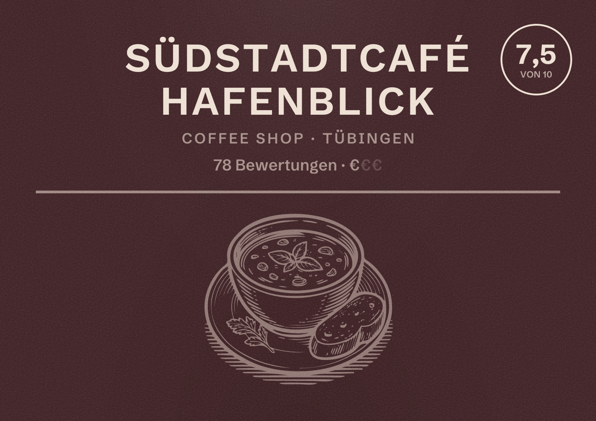 Illustriertes Poster von Südstadtcafé Hafenblick, Coffee Shop in Tübingen: Bewertung 7,5 von 10 aus 78 Bewertungen, Preisniveau €