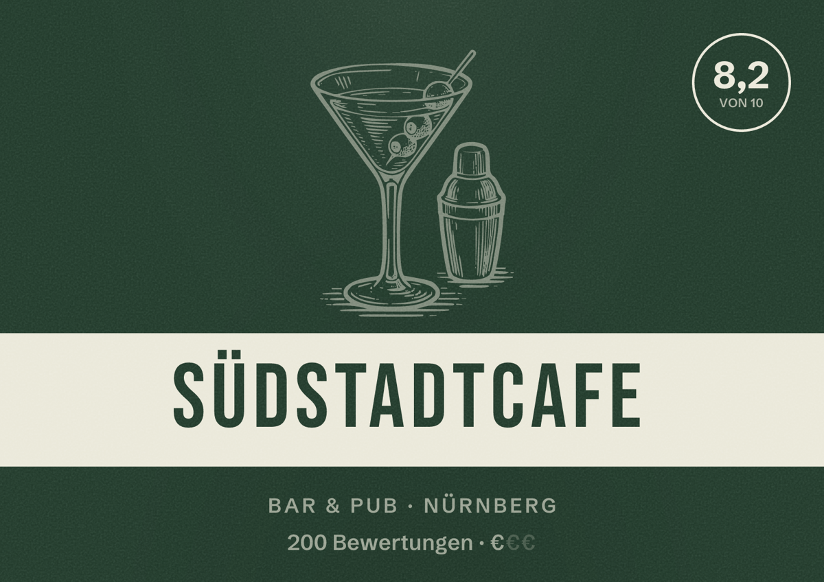 Illustriertes Poster von Südstadtcafe, Bar & Pub in Nürnberg: Bewertung 8,2 von 10 aus 200 Bewertungen, Preisniveau €