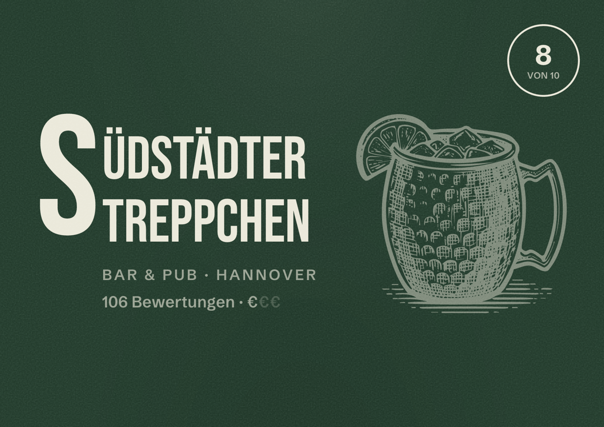 Illustriertes Poster von Südstädter Treppchen, Bar & Pub in Hannover: Bewertung 8 von 10 aus 106 Bewertungen, Preisniveau €