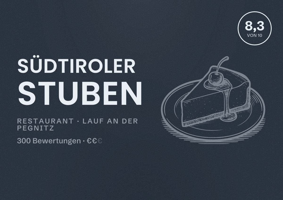 Illustriertes Poster von Südtiroler Stuben, Restaurant in Lauf an der Pegnitz: Bewertung 8,3 von 10 aus 300 Bewertungen, Preisniveau €€