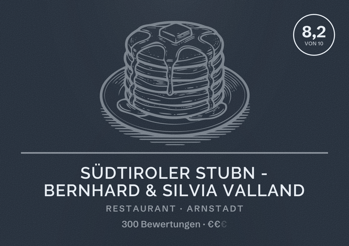 Illustriertes Poster von Südtiroler Stubn - Bernhard & Silvia Valland, Restaurant in Arnstadt: Bewertung 8,2 von 10 aus 300 Bewertungen, Preisniveau €€