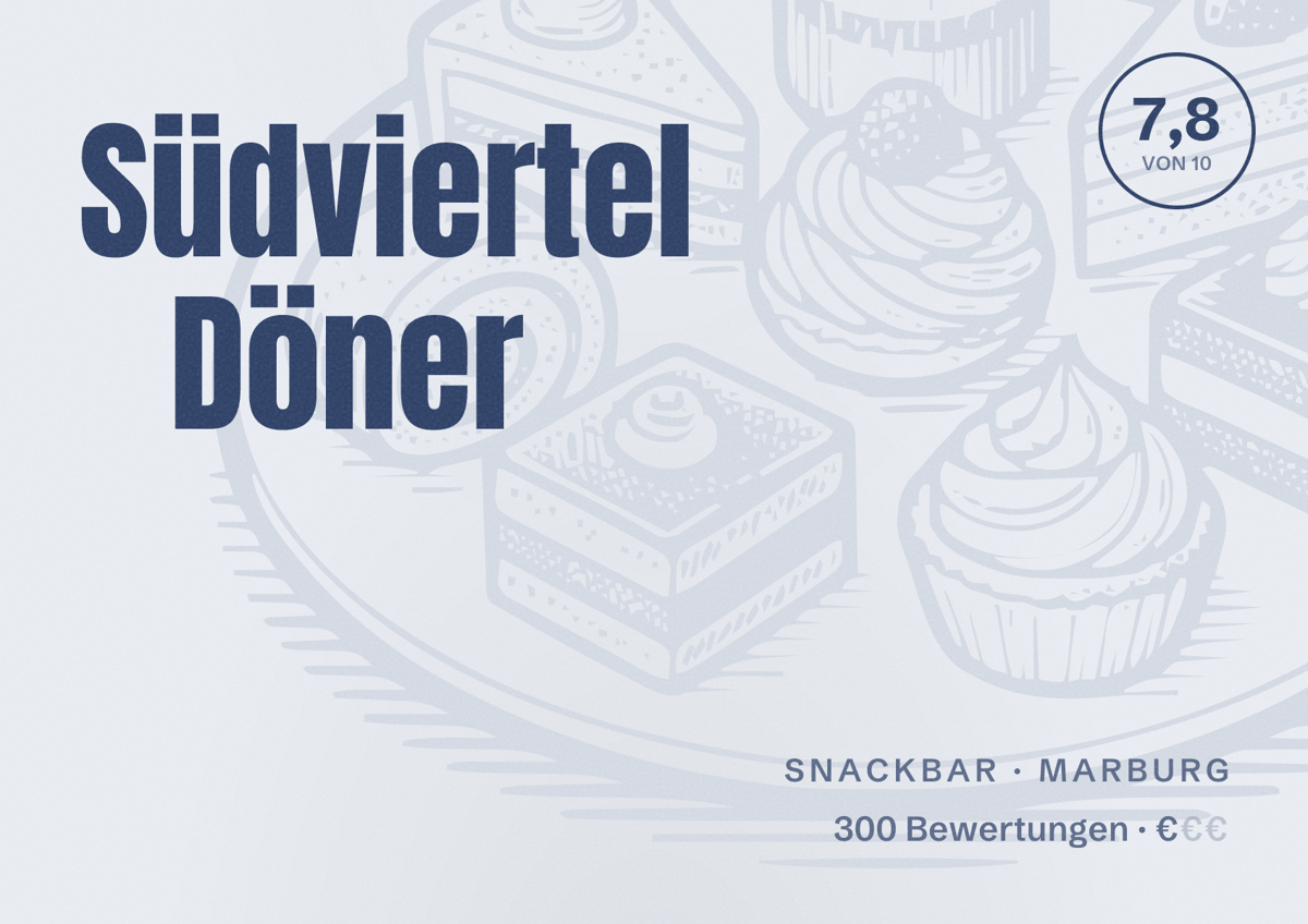 Illustriertes Poster von Südviertel Döner, Snackbar in Marburg: Bewertung 7,8 von 10 aus 300 Bewertungen, Preisniveau €