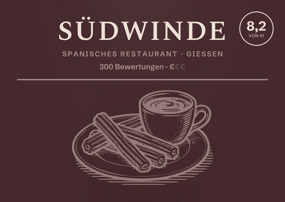 Illustriertes Poster von Südwinde, Spanisches Restaurant in Gießen: Bewertung 8,2 von 10 aus 300 Bewertungen, Preisniveau €