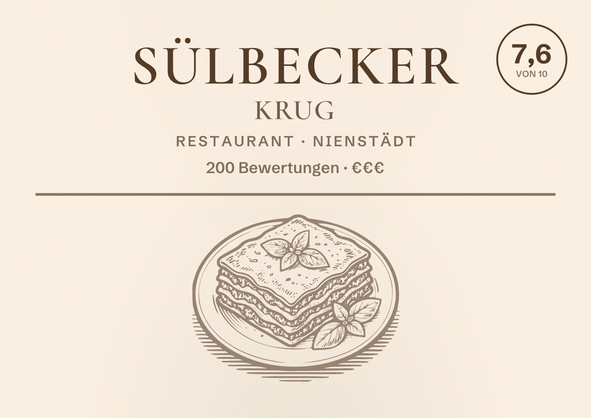 Illustriertes Poster von Sülbecker Krug, Restaurant in Nienstädt: Bewertung 7,6 von 10 aus 200 Bewertungen, Preisniveau €€€