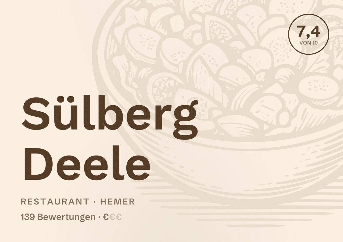 Illustriertes Poster von Sülberg Deele, Restaurant in Hemer: Bewertung 7,4 von 10 aus 139 Bewertungen, Preisniveau €