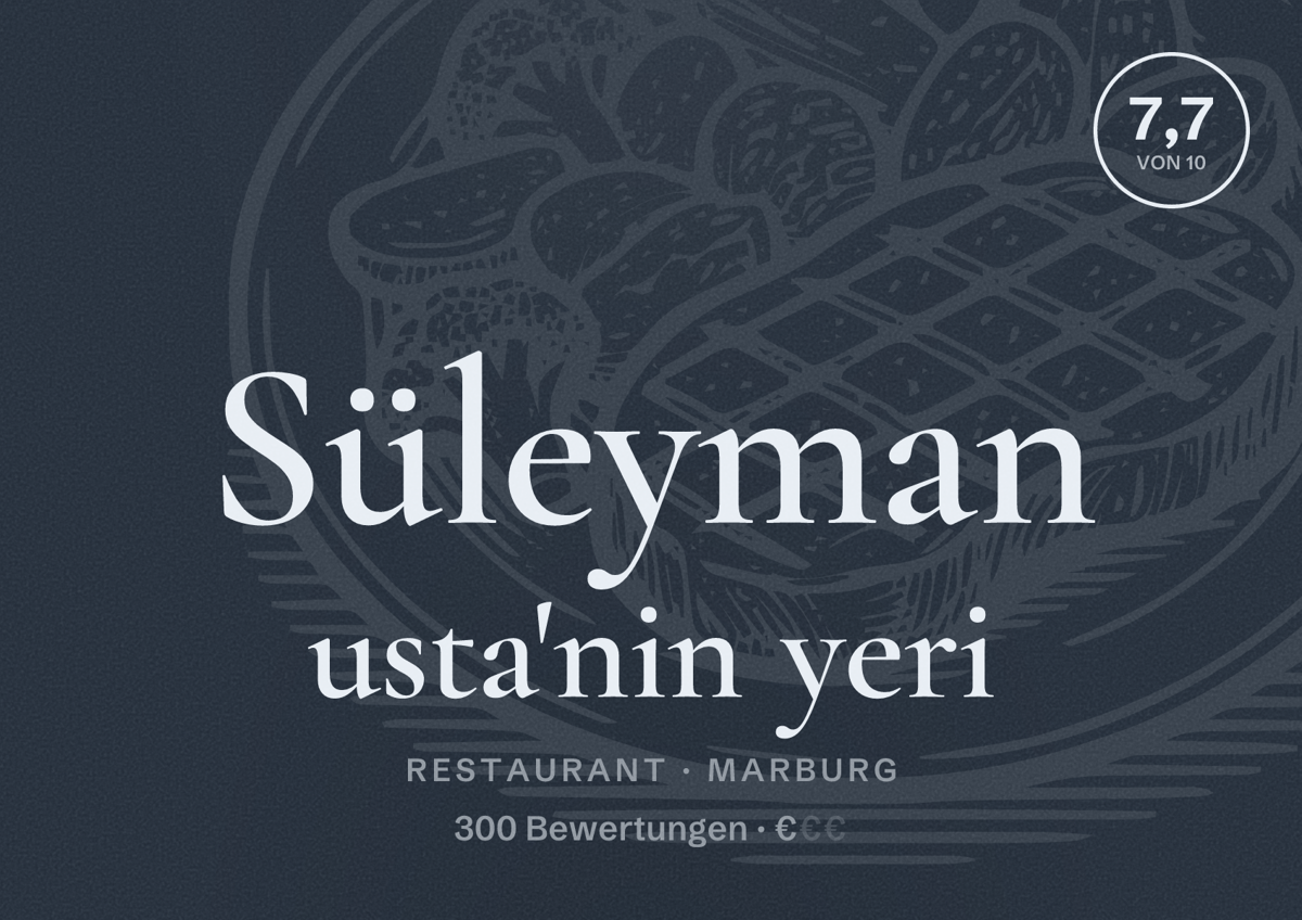 Illustriertes Poster von Süleyman usta'nin yeri, Restaurant in Marburg: Bewertung 7,7 von 10 aus 300 Bewertungen, Preisniveau €