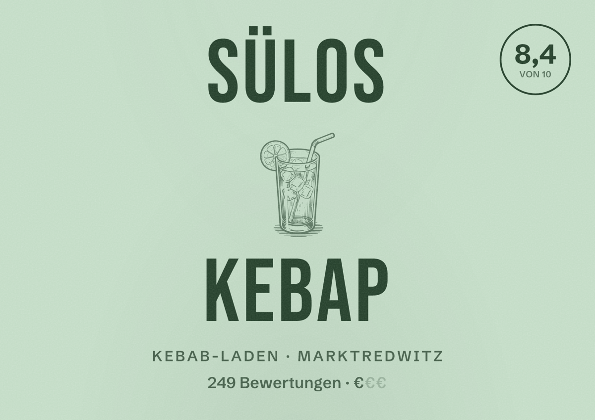 Illustriertes Poster von Sülos Kebap, Kebab-Laden in Marktredwitz: Bewertung 8,4 von 10 aus 249 Bewertungen, Preisniveau €