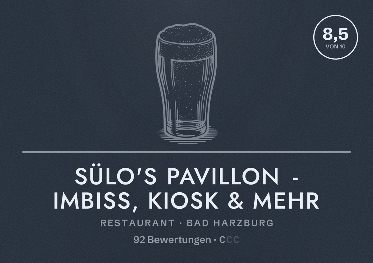 Illustriertes Poster von Sülo's Pavillon - Imbiss, Kiosk & mehr, Restaurant in Bad Harzburg: Bewertung 8,5 von 10 aus 92 Bewertungen, Preisniveau €