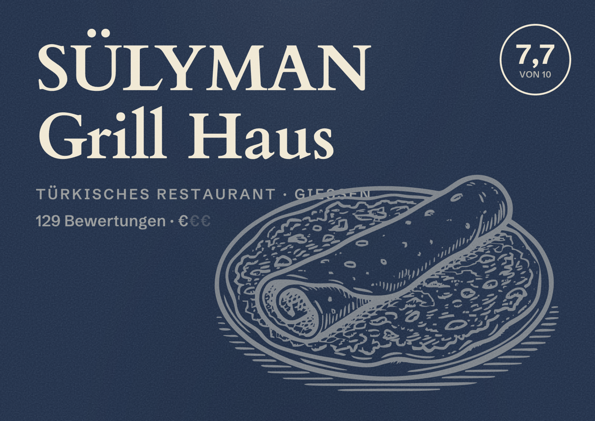 Illustriertes Poster von SÜLYMAN Grill Haus, Türkisches Restaurant in Gießen: Bewertung 7,7 von 10 aus 129 Bewertungen, Preisniveau €