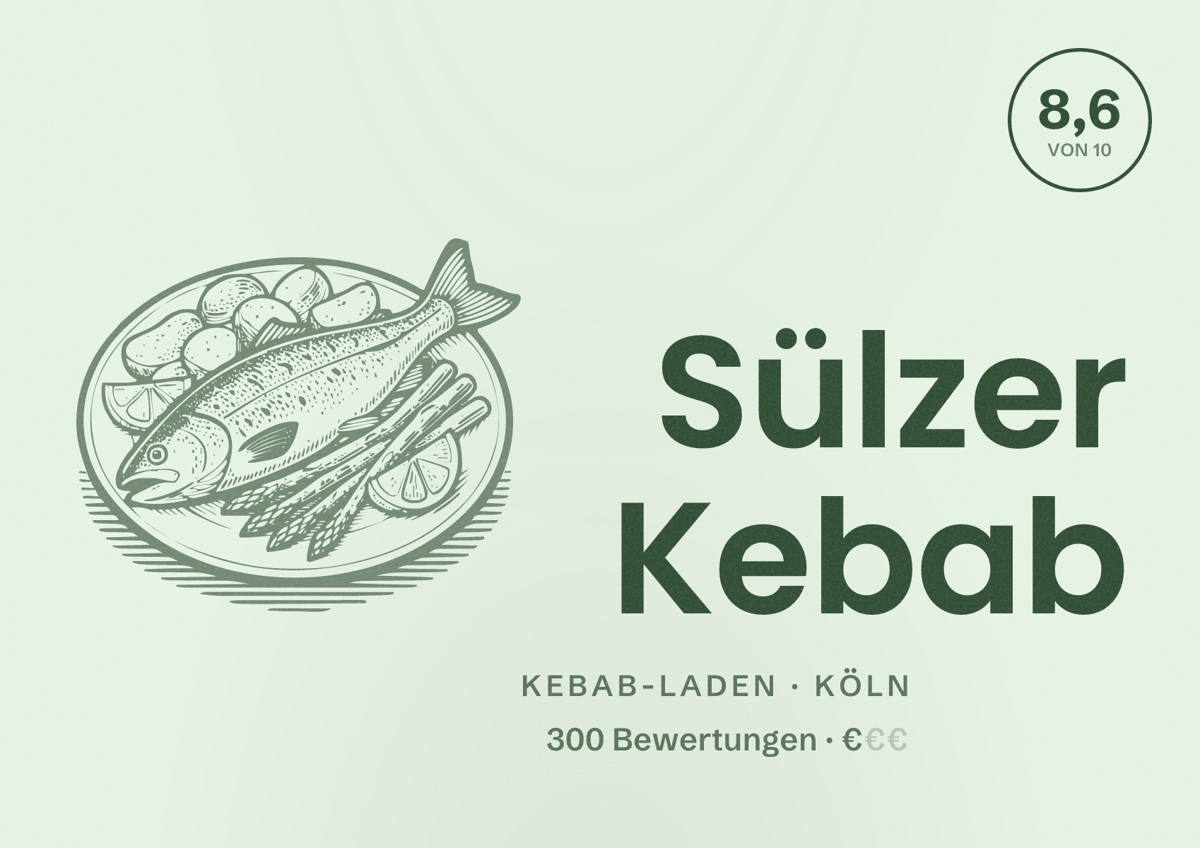 Illustriertes Poster von Sülzer Kebab, Kebab-Laden in Köln: Bewertung 8,6 von 10 aus 300 Bewertungen, Preisniveau €