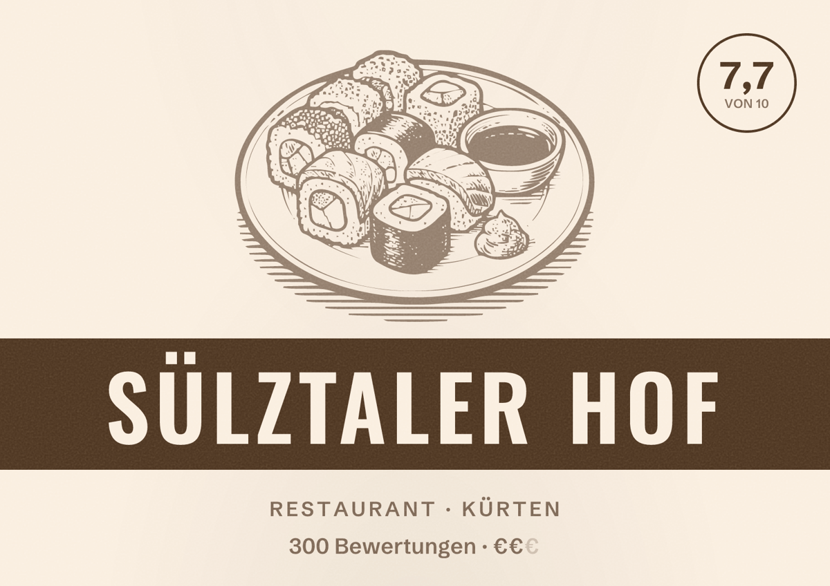 Illustriertes Poster von Sülztaler Hof, Restaurant in Kürten: Bewertung 7,7 von 10 aus 300 Bewertungen, Preisniveau €€
