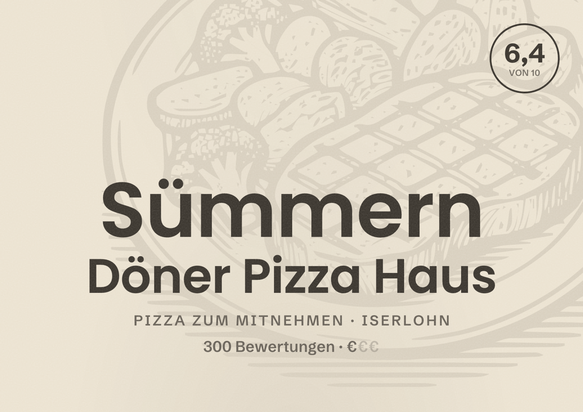 Illustriertes Poster von Sümmern Döner Pizza Haus, Pizza zum Mitnehmen in Iserlohn: Bewertung 6,4 von 10 aus 300 Bewertungen, Preisniveau €