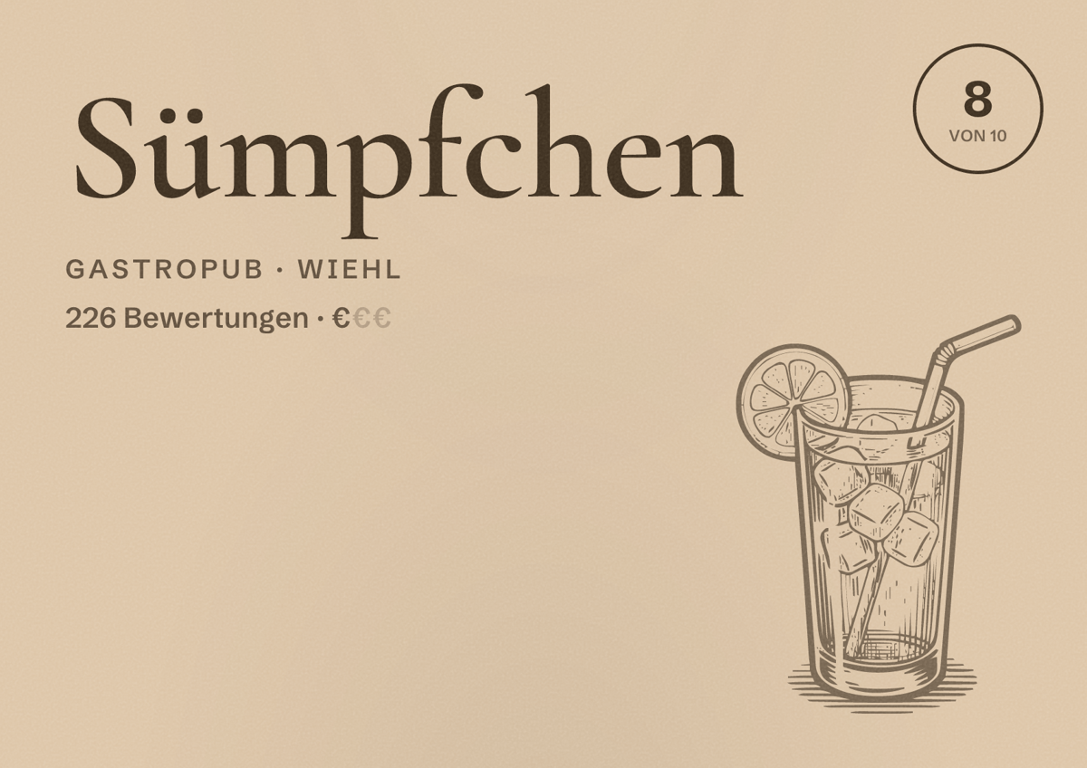 Illustriertes Poster von Sümpfchen, Gastropub in Wiehl: Bewertung 8 von 10 aus 226 Bewertungen, Preisniveau €