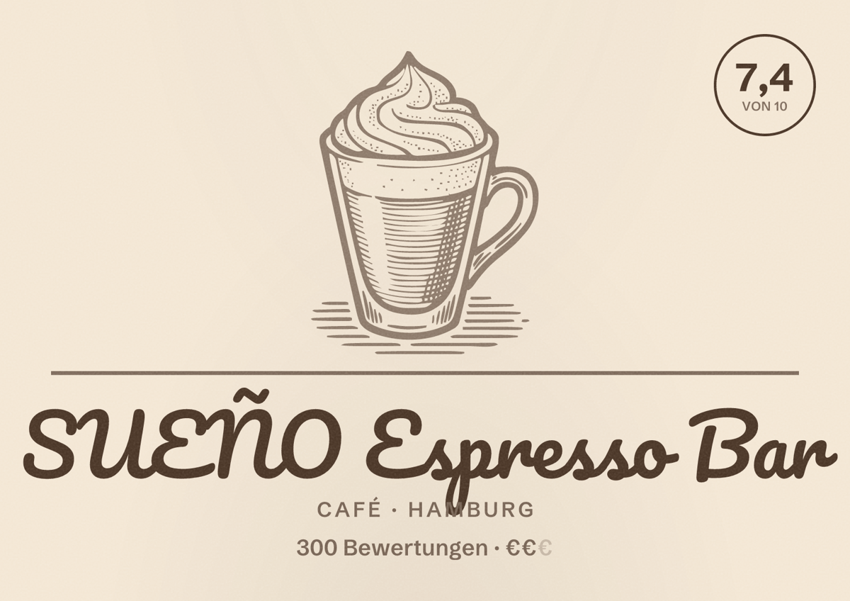 Illustriertes Poster von SUEÑO Espresso Bar, Café in Hamburg: Bewertung 7,4 von 10 aus 300 Bewertungen, Preisniveau €€