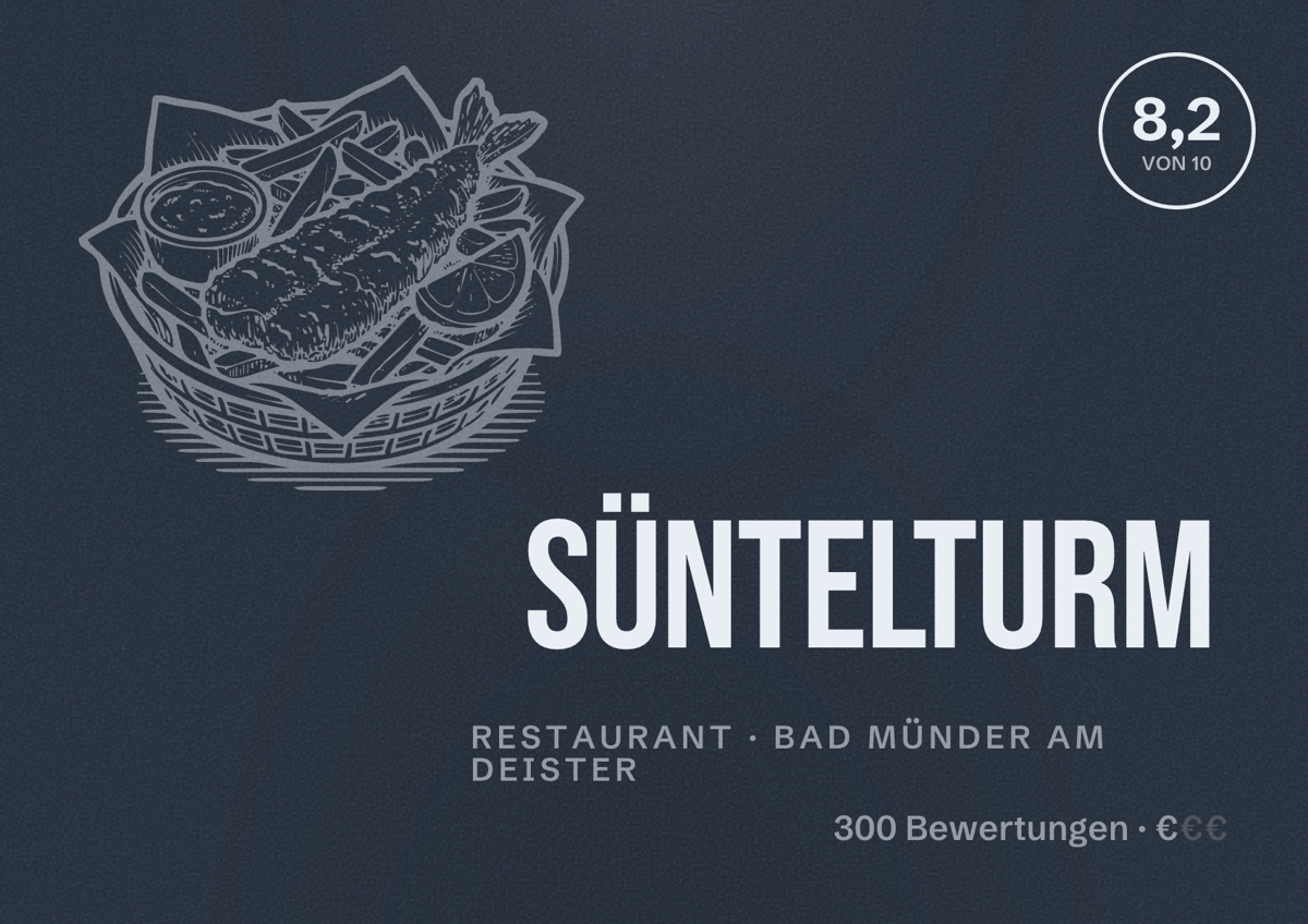 Illustriertes Poster von Süntelturm, Restaurant in Bad Münder am Deister: Bewertung 8,2 von 10 aus 300 Bewertungen, Preisniveau €
