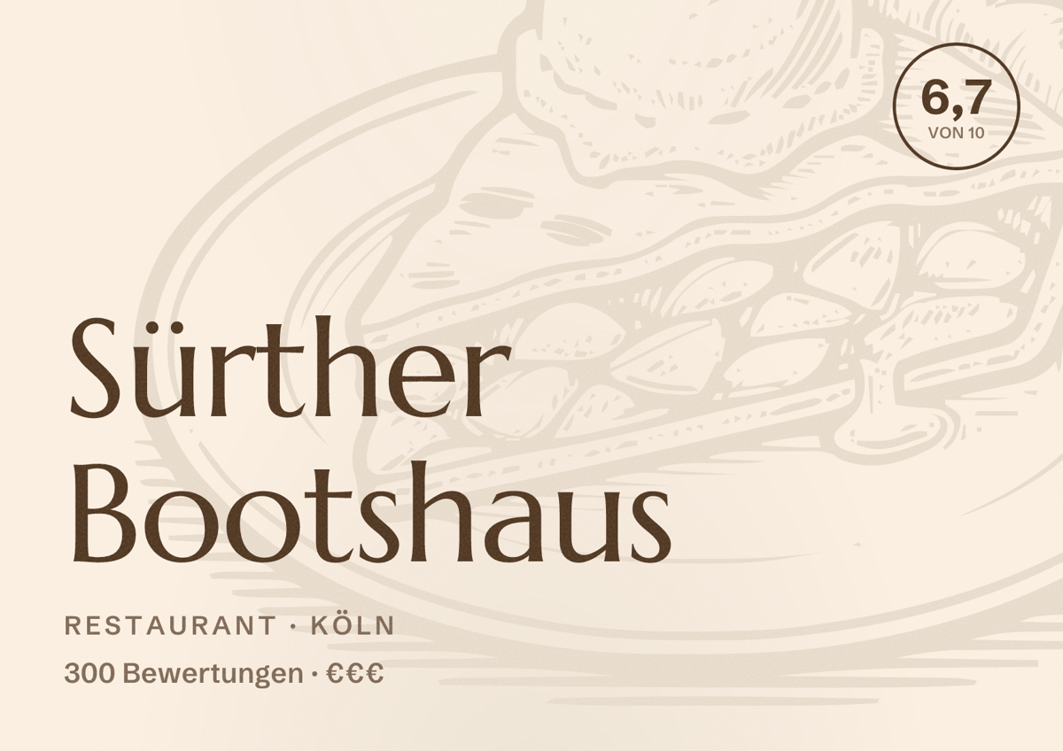 Illustriertes Poster von Sürther Bootshaus, Restaurant in Köln: Bewertung 6,7 von 10 aus 300 Bewertungen, Preisniveau €€€