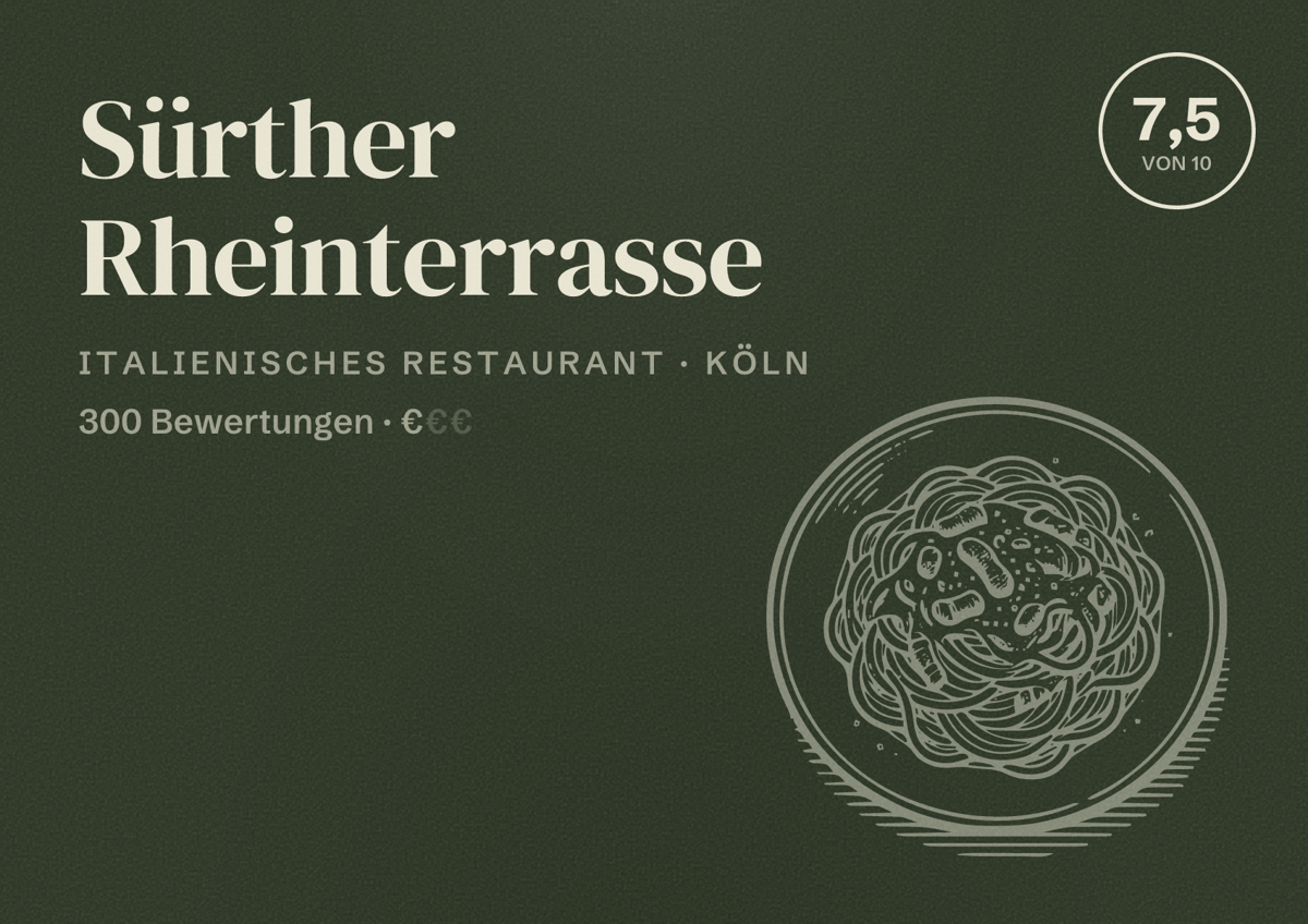 Illustriertes Poster von Sürther Rheinterrasse, Italienisches Restaurant in Köln: Bewertung 7,5 von 10 aus 300 Bewertungen, Preisniveau €