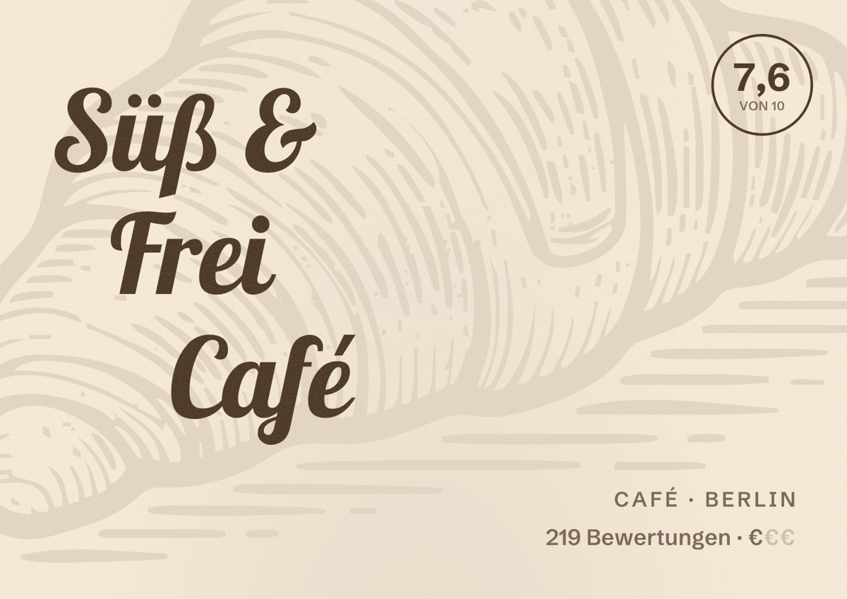 Illustriertes Poster von Süß & Frei Café, Café in Berlin: Bewertung 7,6 von 10 aus 219 Bewertungen, Preisniveau €