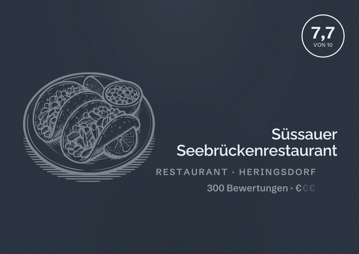 Illustriertes Poster von Süssauer Seebrückenrestaurant, Restaurant in Heringsdorf: Bewertung 7,7 von 10 aus 300 Bewertungen, Preisniveau €