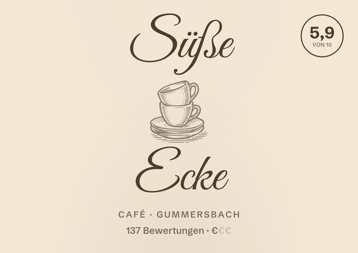 Illustriertes Poster von Süße Ecke, Café in Gummersbach: Bewertung 5,9 von 10 aus 137 Bewertungen, Preisniveau €