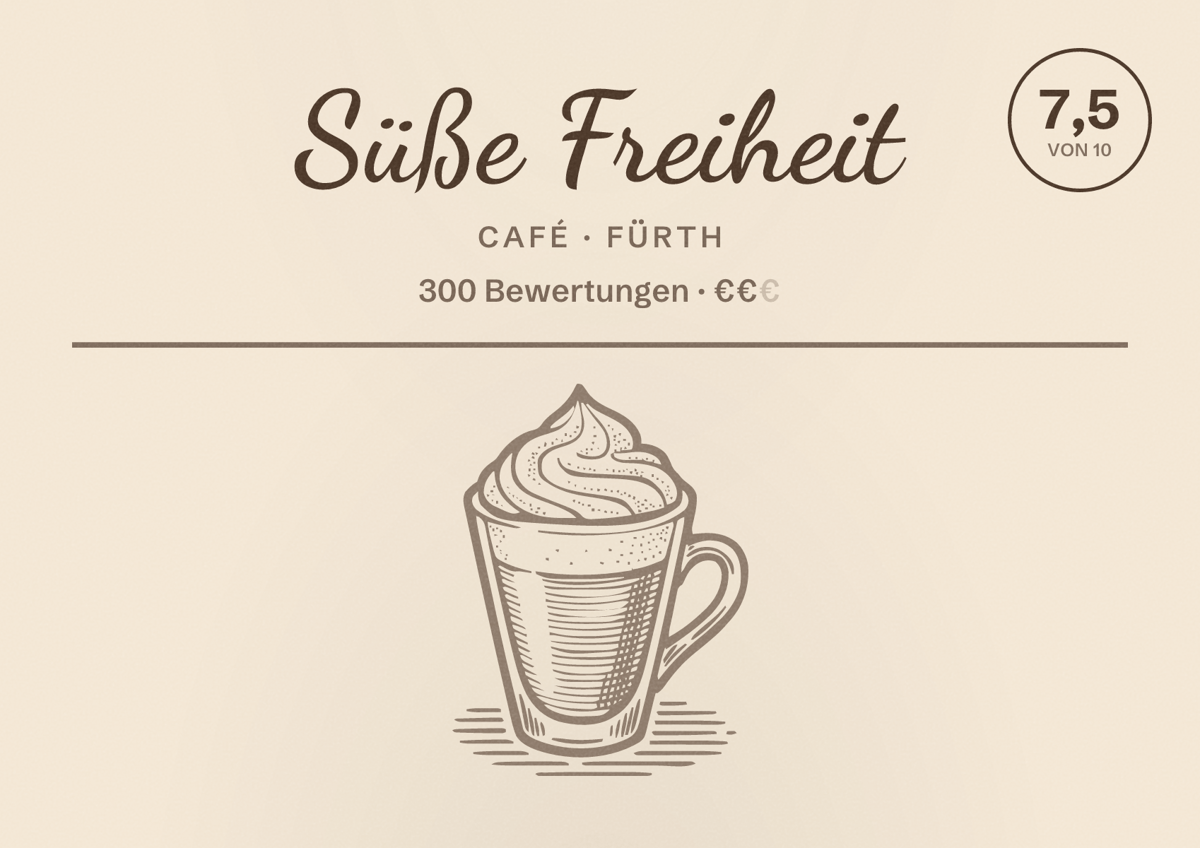 Illustriertes Poster von Süße Freiheit, Café in Fürth: Bewertung 7,5 von 10 aus 300 Bewertungen, Preisniveau €€