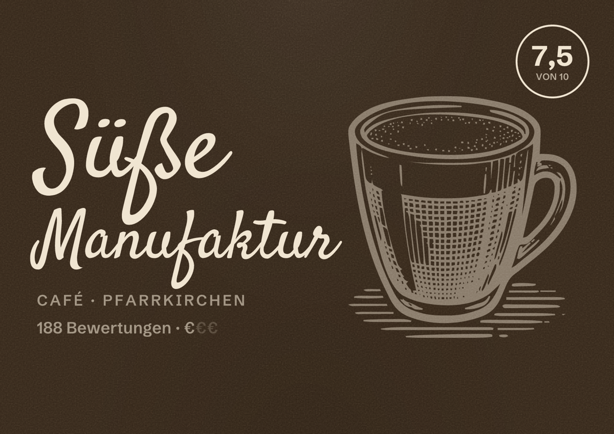 Illustriertes Poster von Süße Manufaktur, Café in Pfarrkirchen: Bewertung 7,5 von 10 aus 188 Bewertungen, Preisniveau €