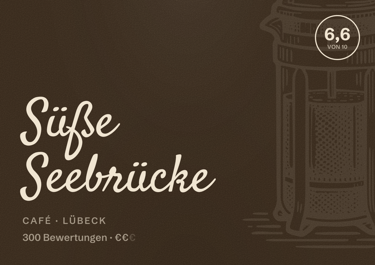 Illustriertes Poster von Süße Seebrücke, Café in Lübeck: Bewertung 6,6 von 10 aus 300 Bewertungen, Preisniveau €€