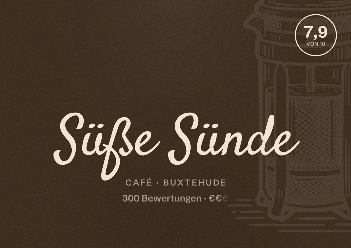 Illustriertes Poster von Süße Sünde, Café in Buxtehude: Bewertung 7,9 von 10 aus 300 Bewertungen, Preisniveau €€